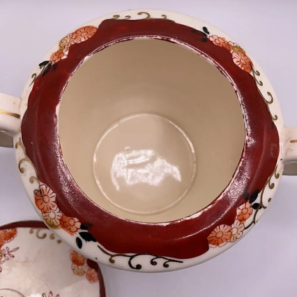 Vintage Japanese 1920’s Hand Floral Designed Porcelain Sugar Bowl